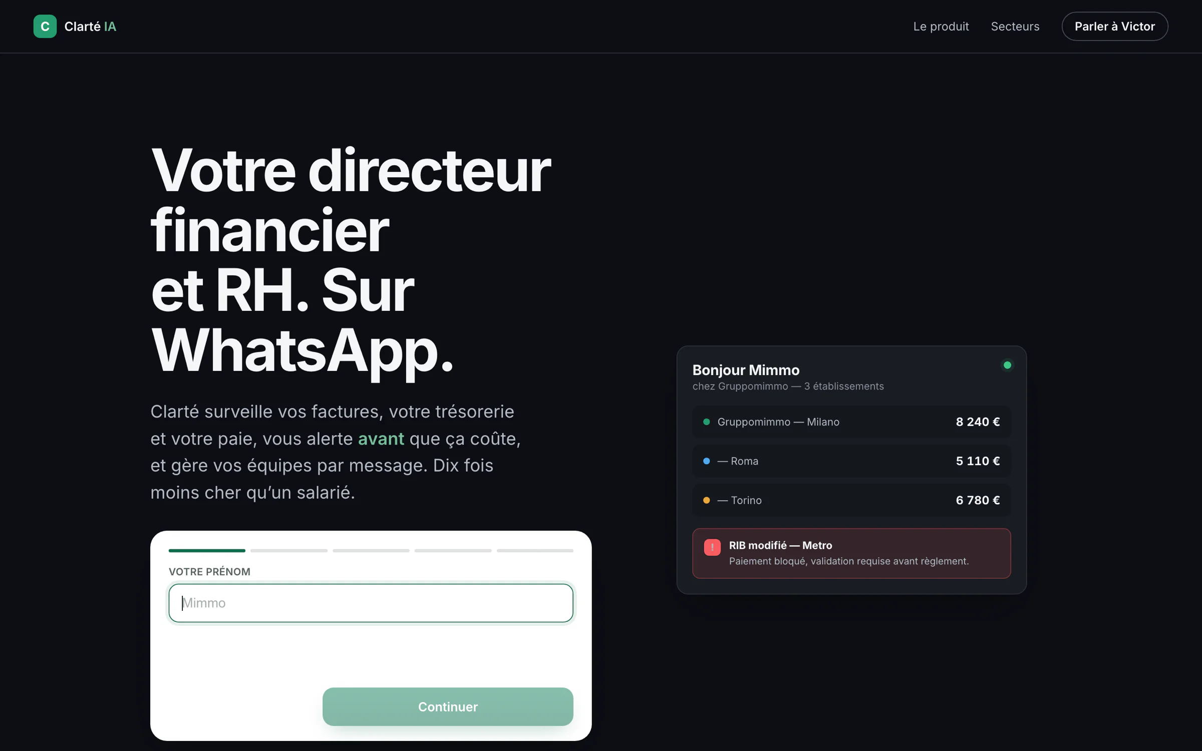 Page d’accueil de la démonstration Clarté : suivi du chiffre d’affaires par établissement d’un groupe de restauration et alerte bloquant un paiement dont les coordonnées bancaires ont changé.